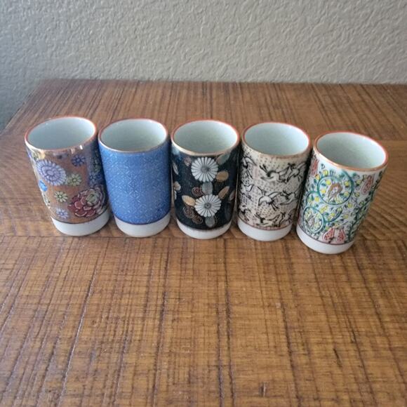 Vintage Japanese Sake Tea Cup Set Japan Handpainted Crane Floral Gold Rim Yunomi - Picture 1 of 10